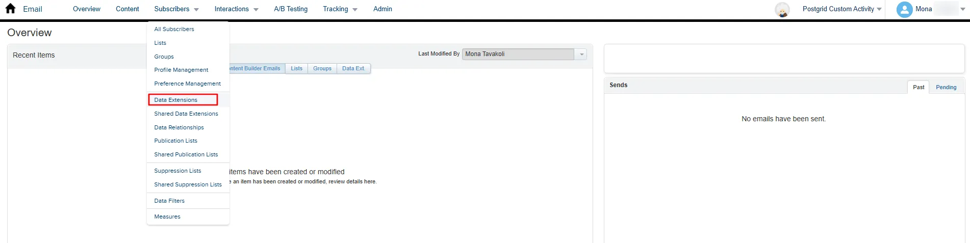 Salesforce Marketing Cloud Email Studio Subscribers menu with Data Extensions option