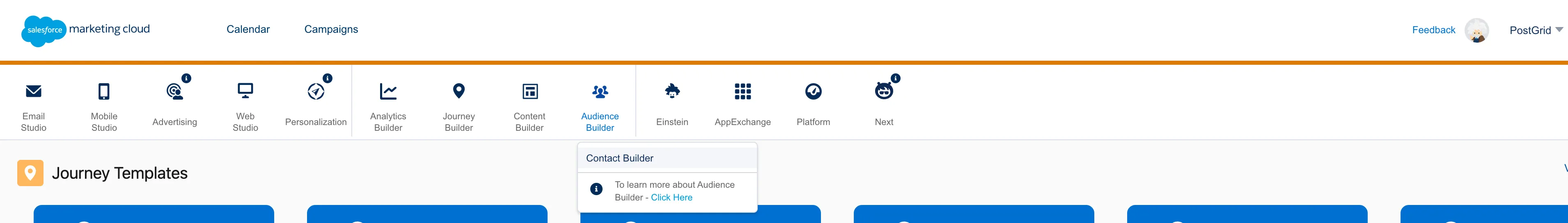 Salesforce Marketing Cloud navigation showing Contact Builder in the platform menu
