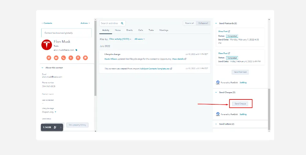 Send Cheque button in HubSpot contact