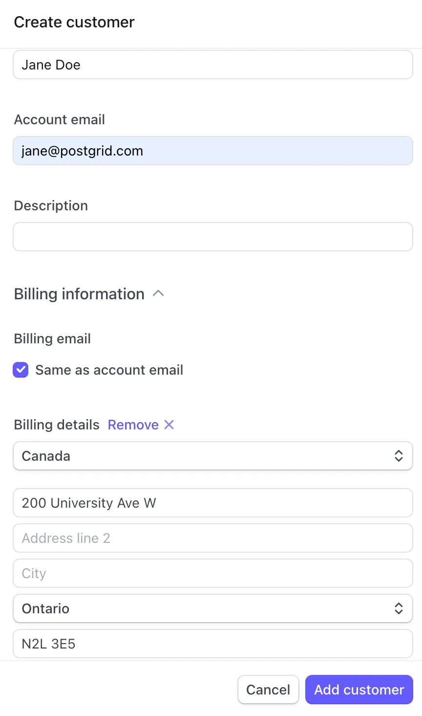 Stripe Add Customer form with 200 University Ave W, Ontario, and an incorrect postal code N2L 3E5 with the City field empty