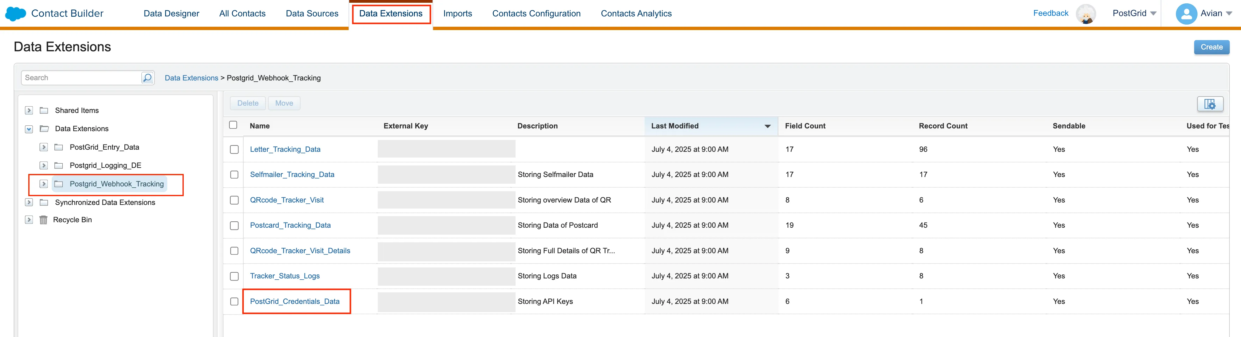 Salesforce Marketing Cloud Contact Builder Data Extensions showing the PostGrid_Credentials_Data extension