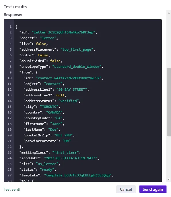 Customer.io success notification confirming the webhook request was sent and a new letter order created