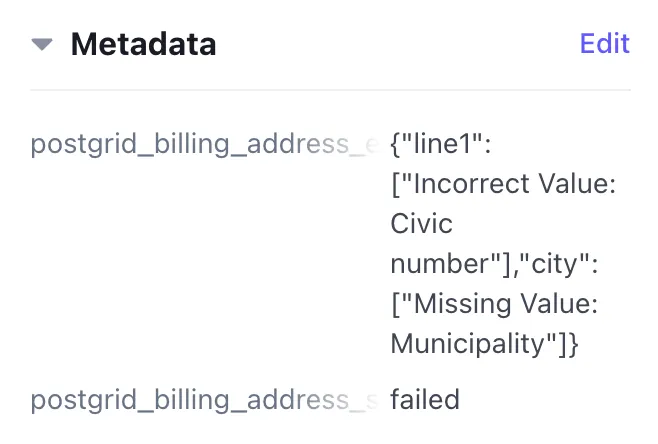 Stripe customer Metadata section showing a failed billing address with errors for an incorrect postal code and missing city