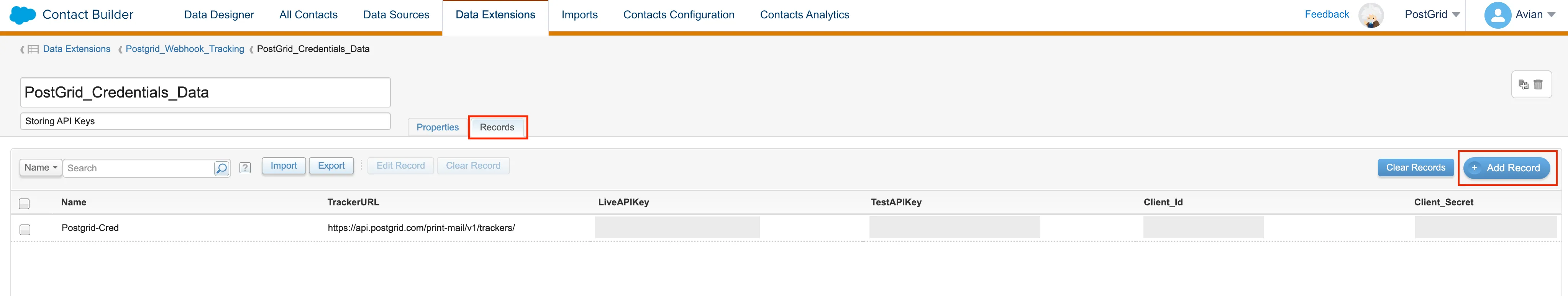 Salesforce Marketing Cloud PostGrid_Credentials_Data Records tab with the Add Record button