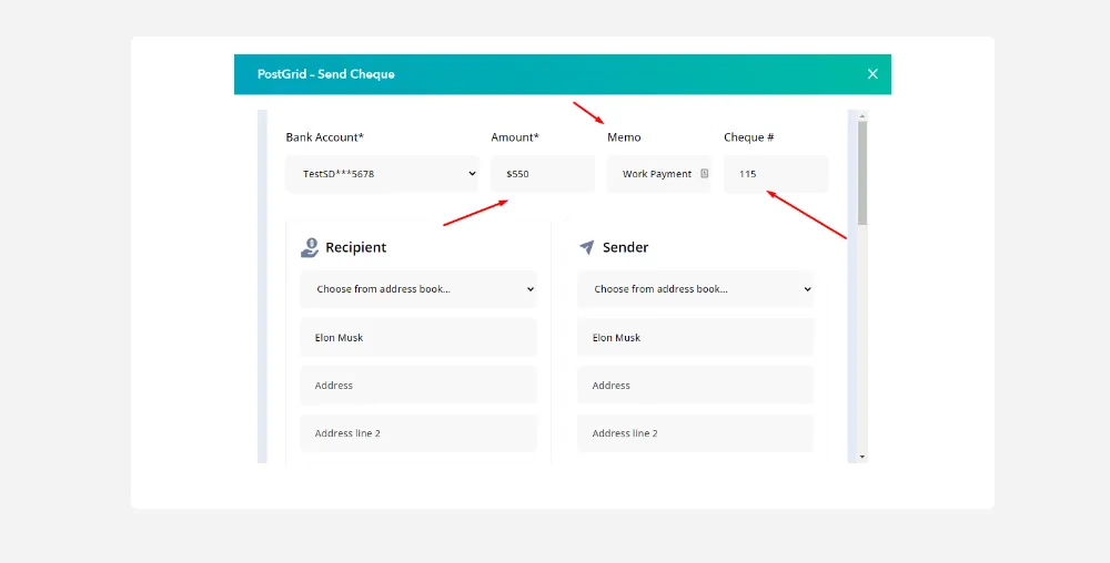 Cheque amount and details