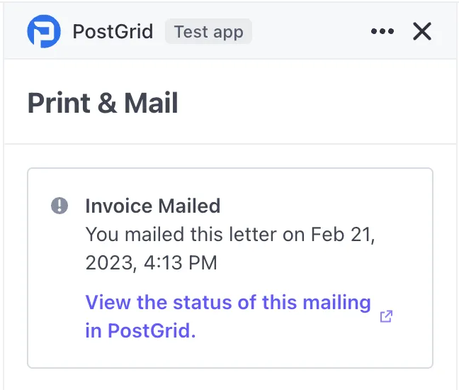 PostGrid invoice pop-up menu in Stripe showing an Invoice Mailed message for an already-mailed invoice