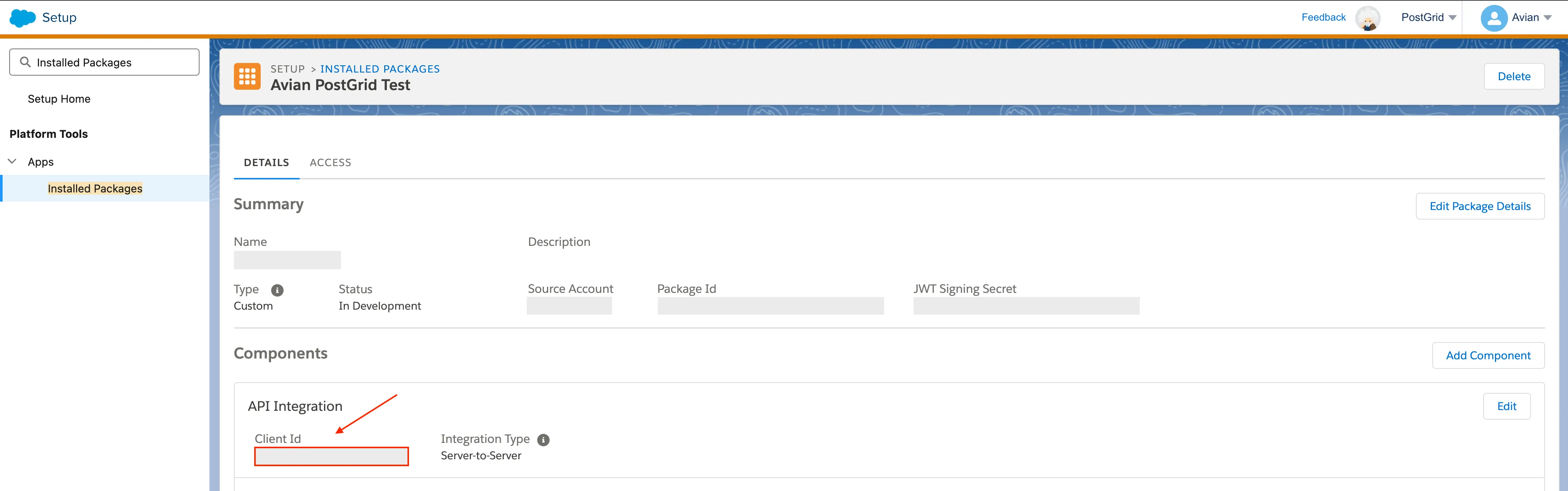 Salesforce Marketing Cloud Installed Packages page showing the PostGrid package with Client ID to copy