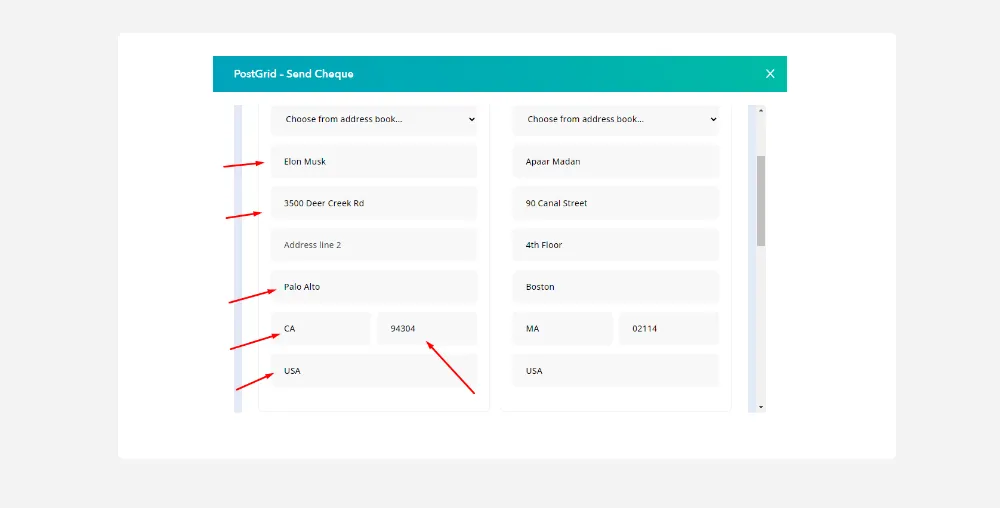 Cheque recipient details