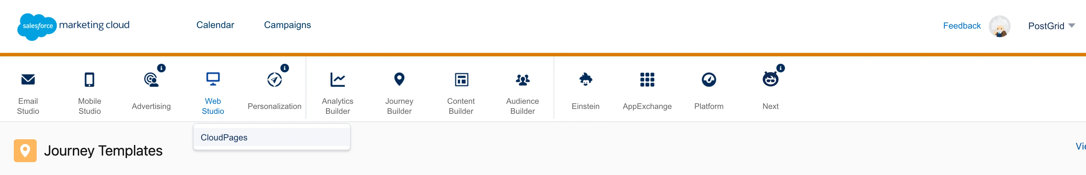Salesforce Marketing Cloud Web Studio navigation showing the Cloud Pages option