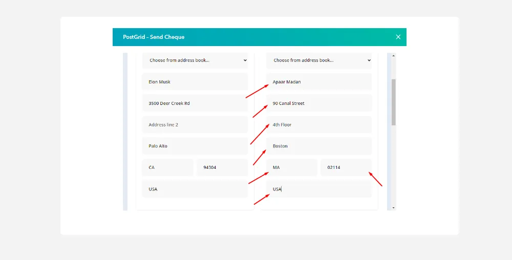 Cheque sender details