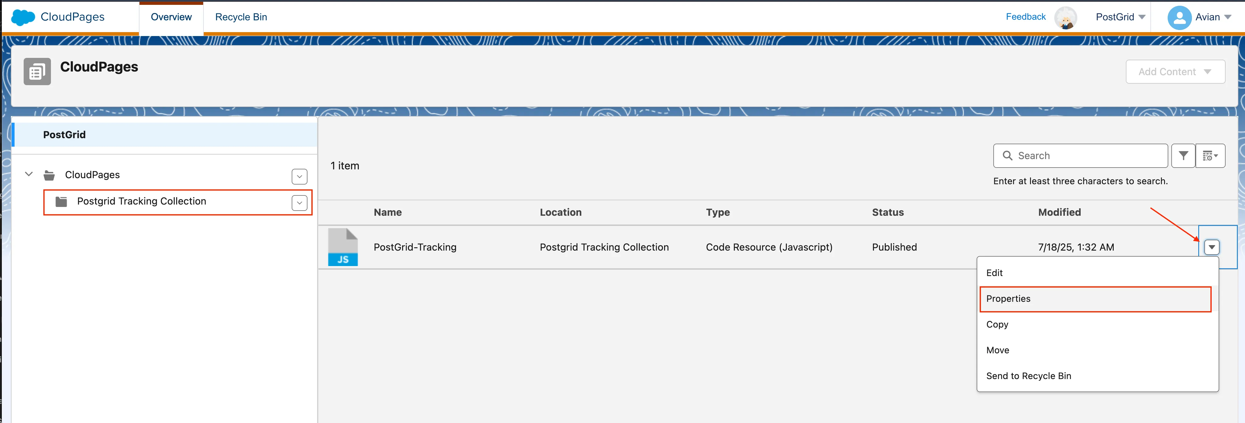 Salesforce Marketing Cloud Cloud Pages showing the PostGrid Tracking Collection with the PostGrid-Tracking file Properties