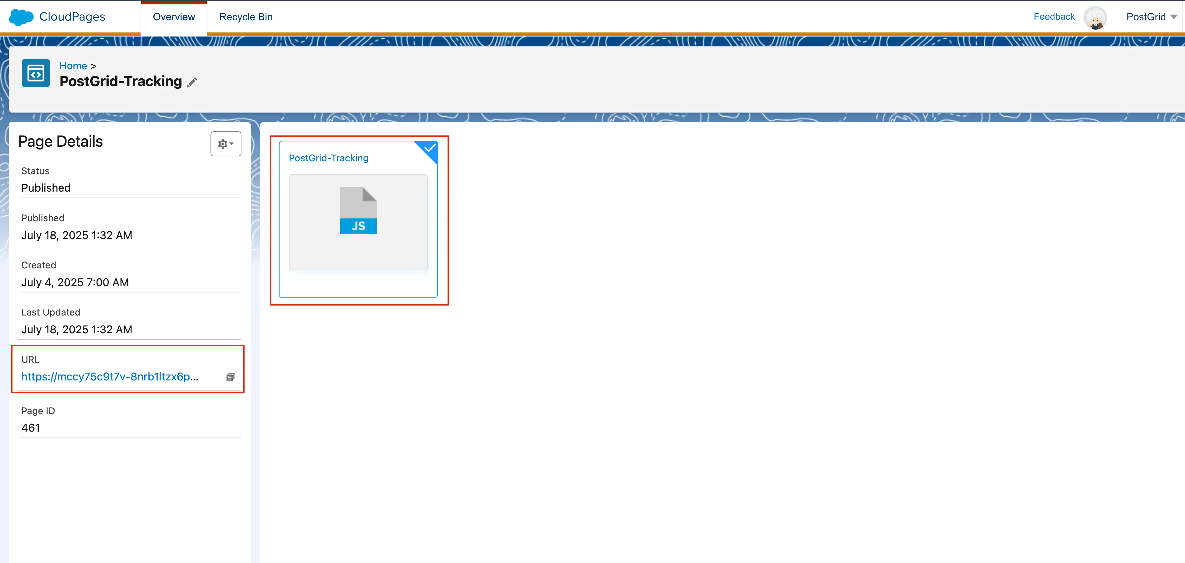 Salesforce Marketing Cloud Cloud Pages Save and Publish confirmation with the tracking page URL to copy