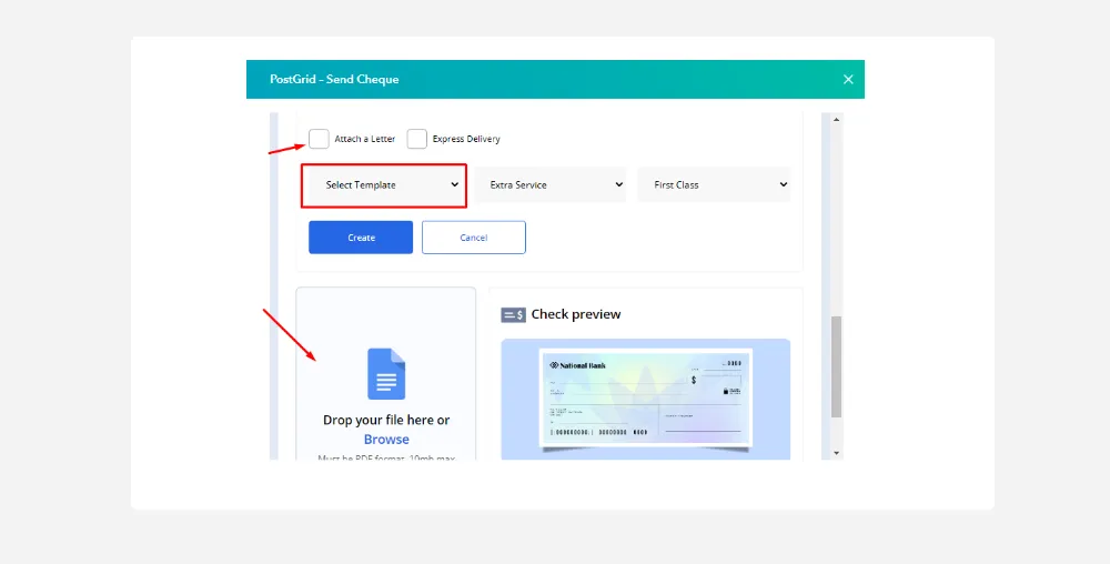 Attach a letter to cheque