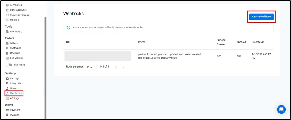 PostGrid dashboard Webhooks page with the Create Webhook button in the top-right corner