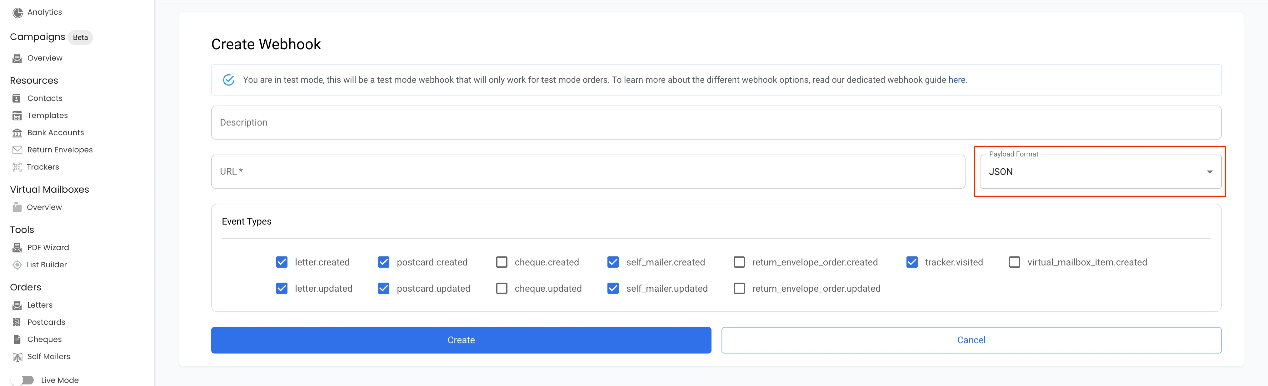 PostGrid Create Webhook form with Description, URL, Payload Format, and Event Types fields filled in