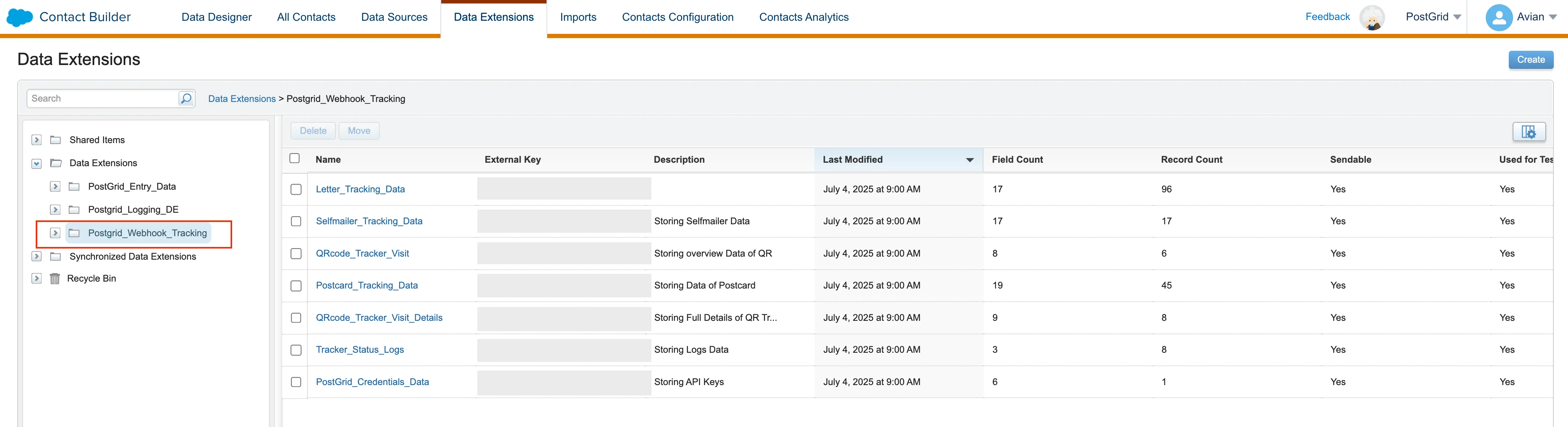 Salesforce Marketing Cloud PostGrid_Webhook_Tracking data extension showing received tracking records