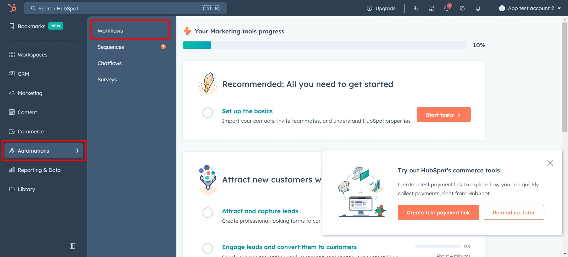 Workflows menu in HubSpot