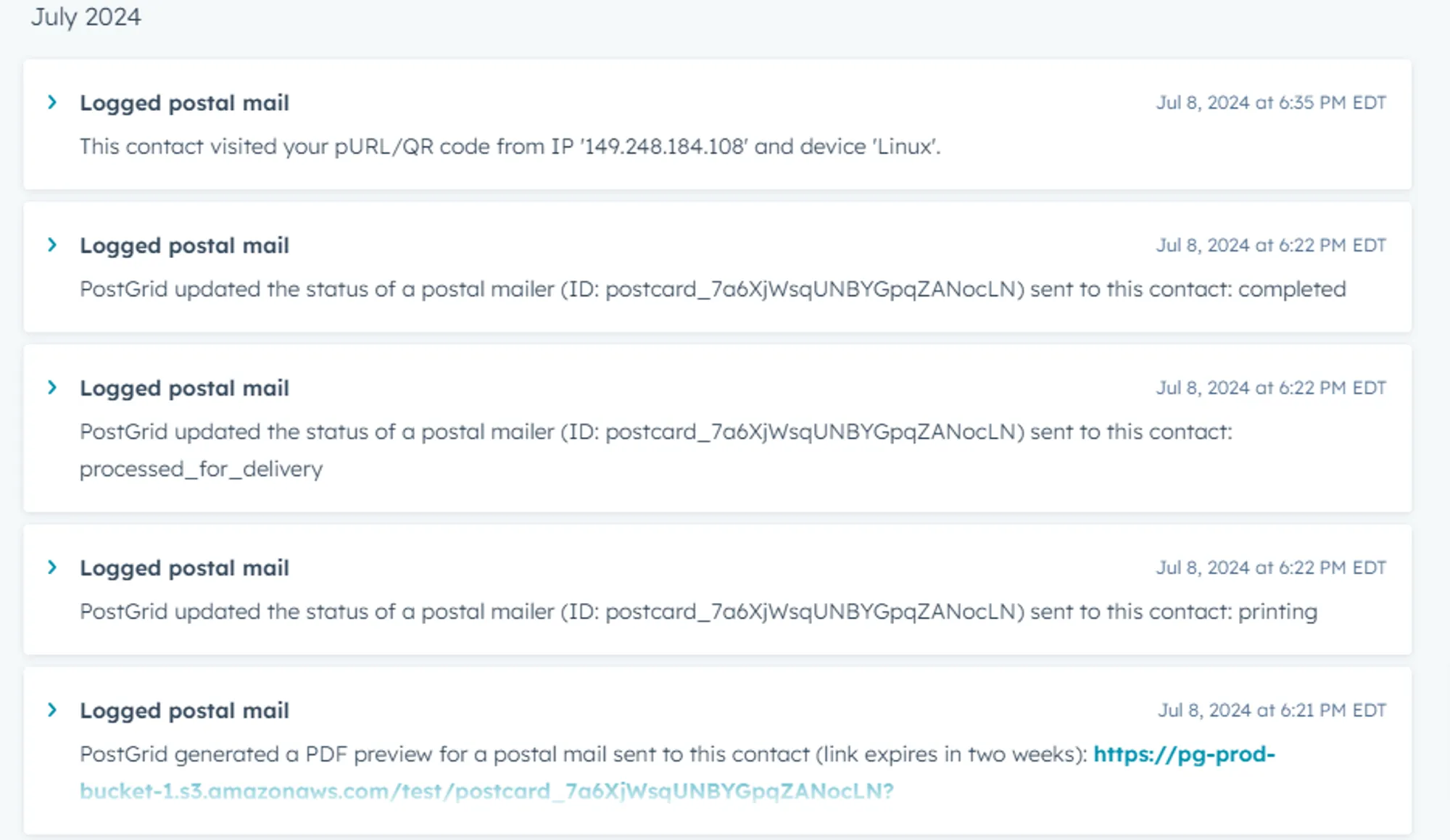 HubSpot mail activity log